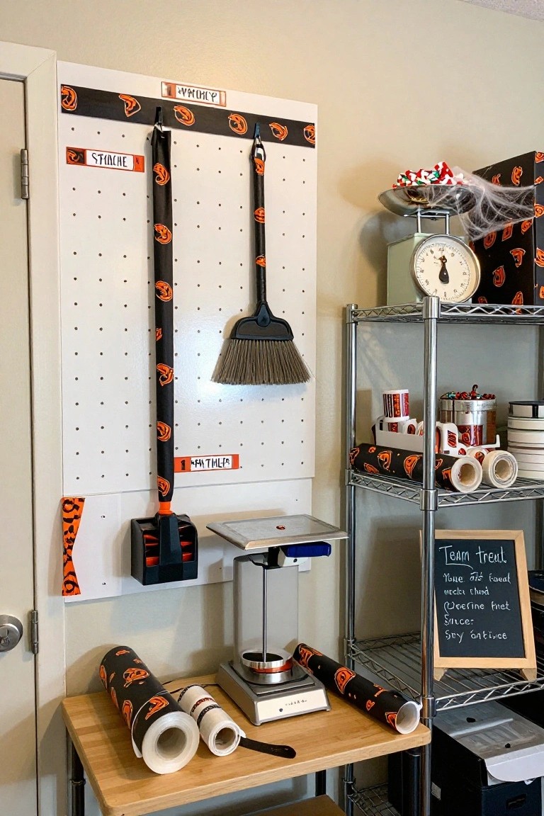 White pegboard wall with black and orange Halloween tape borders, hooks holding brooms and dustpan, adjacent metal shelving with jars, scale, paper rolls, and a chalkboard sign reading 
