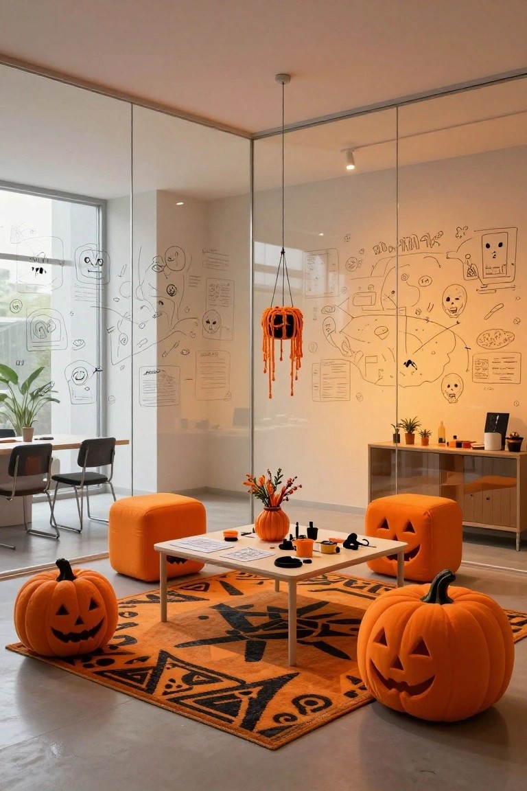 Modern glass-walled office corner with orange jack-o-lantern shaped pouf chairs around a low table on a black and orange patterned rug, plus potted pumpkins and whiteboard sketches on walls.