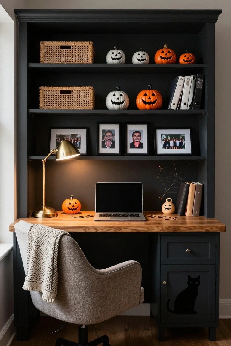 A tall dark-painted bookshelf with wicker baskets, assorted small orange and white carved pumpkins, picture frames, books, and binders above a wooden desk holding a laptop, books, a small pumpkin, and a cream upholstered chair with a knitted throw.