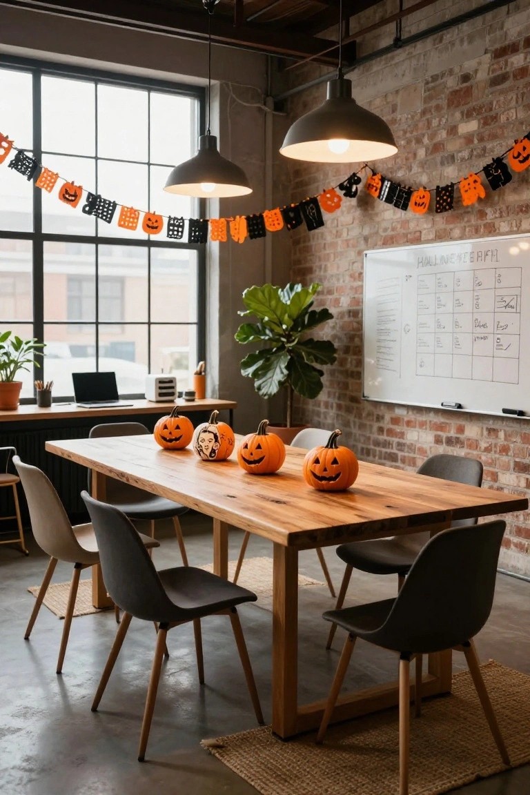 Industrial office room with brick walls, wooden conference table centered with four orange carved pumpkins, black and orange Halloween garlands hanging from ceiling, whiteboard calendar on wall, potted plants, and large windows.