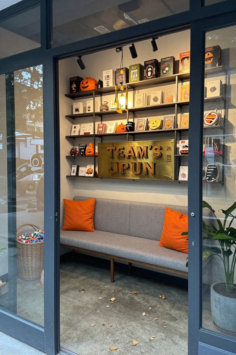Glass-door entrance to an interior shop space with metal shelves displaying books, Halloween pumpkins, and decorations, a gold sign reading 