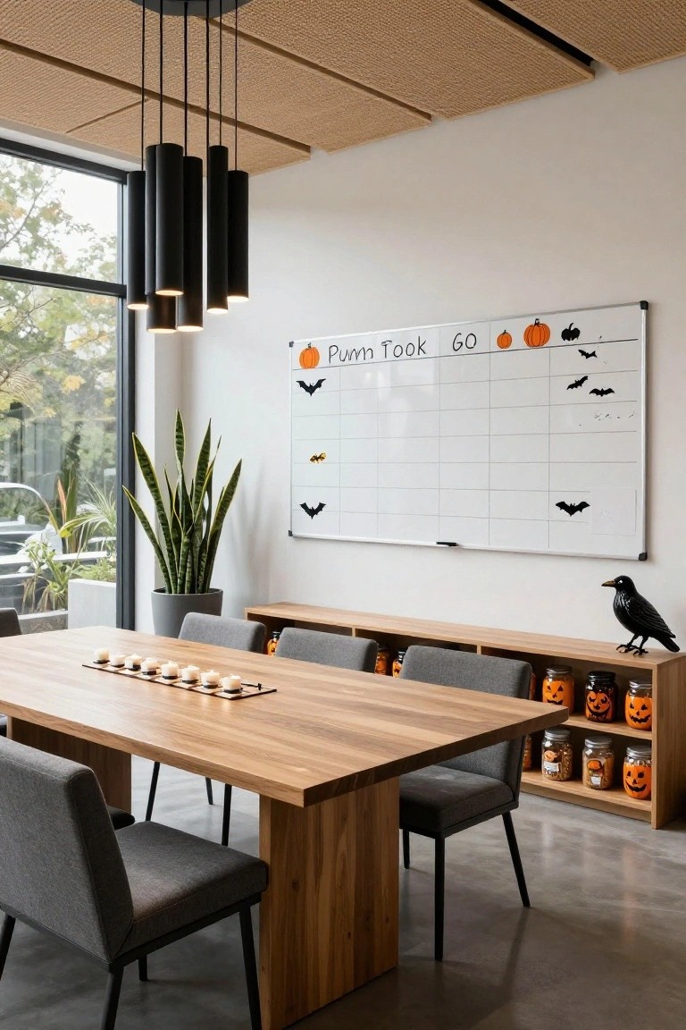 Modern office meeting room with wooden table, gray chairs, snake plant by window, Halloween decorations including whiteboard calendar with pumpkins and bats, crow statue on shelf, and jack-o-lantern jars.