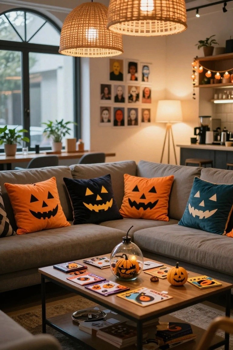 Gray sectional sofa with orange, black, teal, and patterned jack-o'-lantern throw pillows in a warmly lit room decorated for Halloween, including small pumpkins and a glass cloche on the coffee table.
