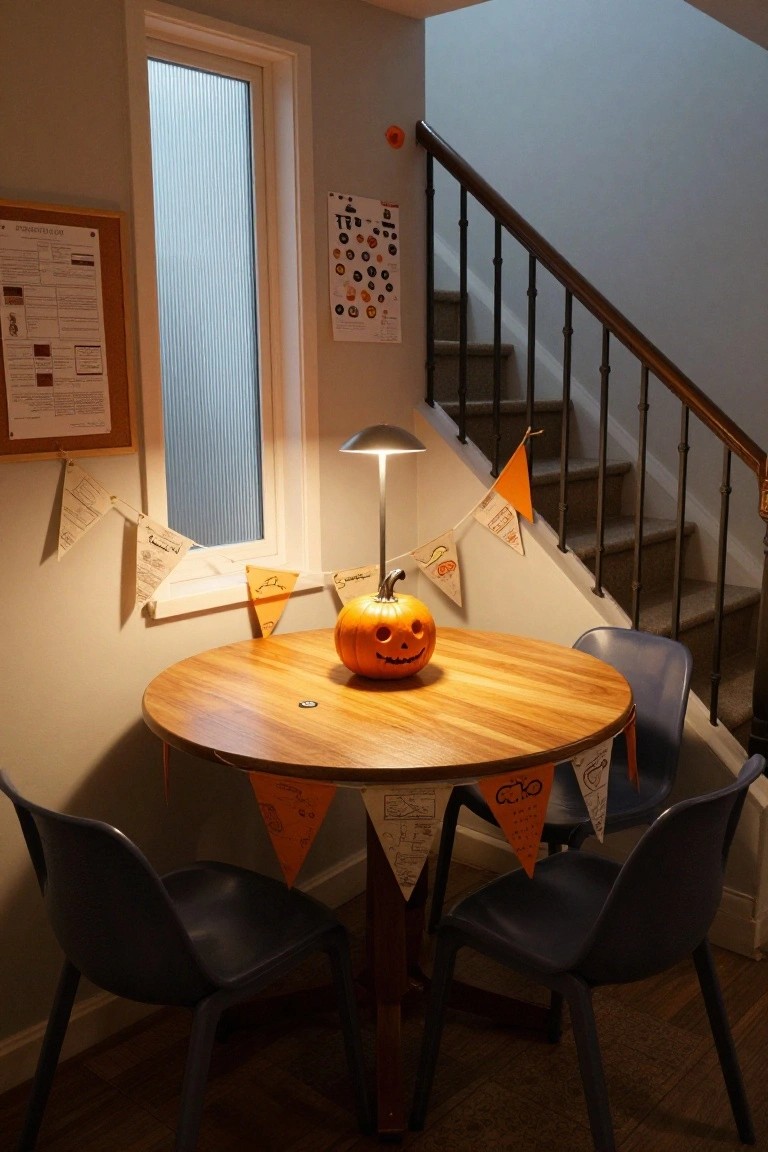 A carved jack-o-lantern pumpkin on a round wooden table with orange bunting garlands and blue chairs in an indoor nook beside stairs.