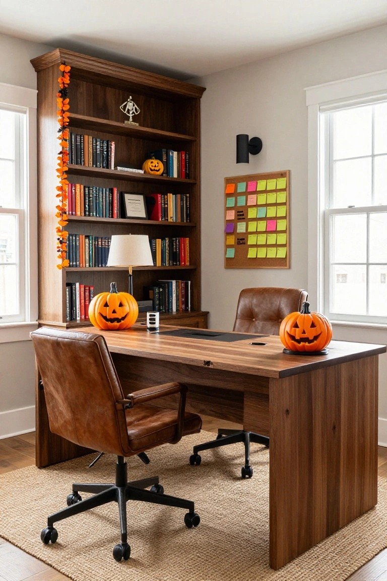 Home office with tall wooden bookshelves decorated with orange garland and small pumpkins among books, a wooden desk holding two larger carved pumpkins and office items, two leather chairs, a lamp, and a corkboard with colorful sticky notes next to a window.