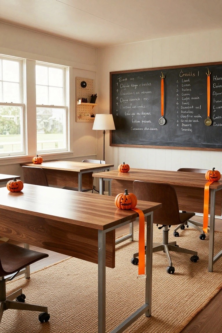 Light-filled classroom with wooden desks in pairs, each topped with a small orange jack-o'-lantern pumpkin and orange ribbons, whiteboard with handwritten lists on one wall, windows showing a green field outside, and a few lamps and shelves nearby.