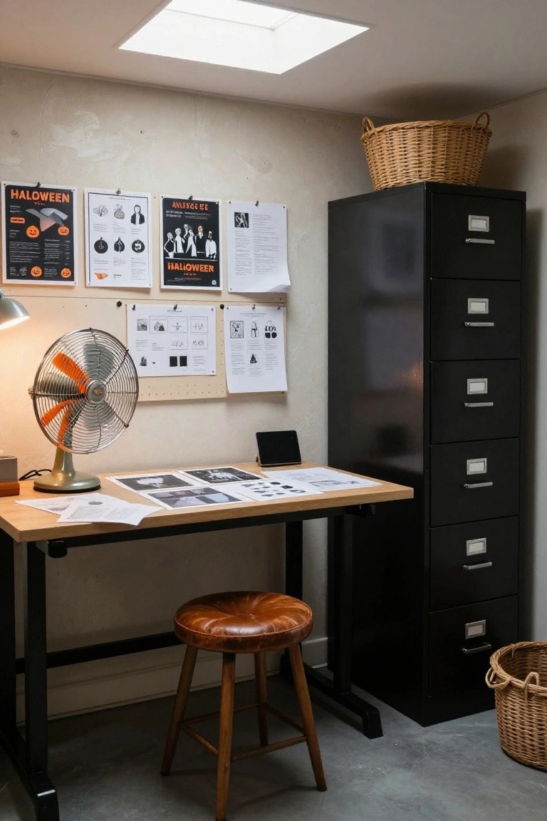 A home office with wooden desk holding papers and photos, orange desk fan, black five-drawer filing cabinet, brown stool, wicker baskets, and walls covered in Halloween posters and prints.