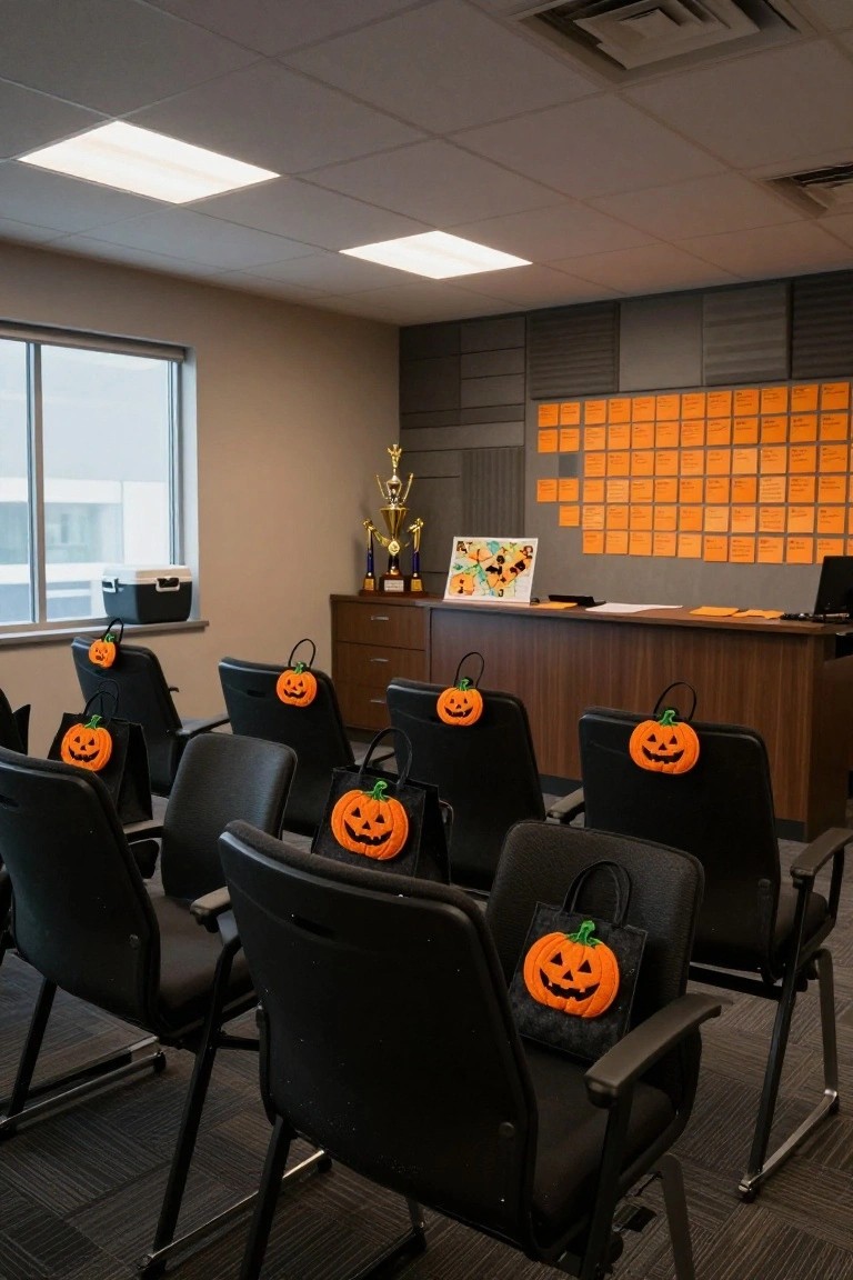 Office conference room with black chairs each having an orange pumpkin fabric bag hanging from the backrest, orange sticky notes covering part of a gray accent wall, wooden desk at front, trophies on shelf, and Halloween painting nearby.