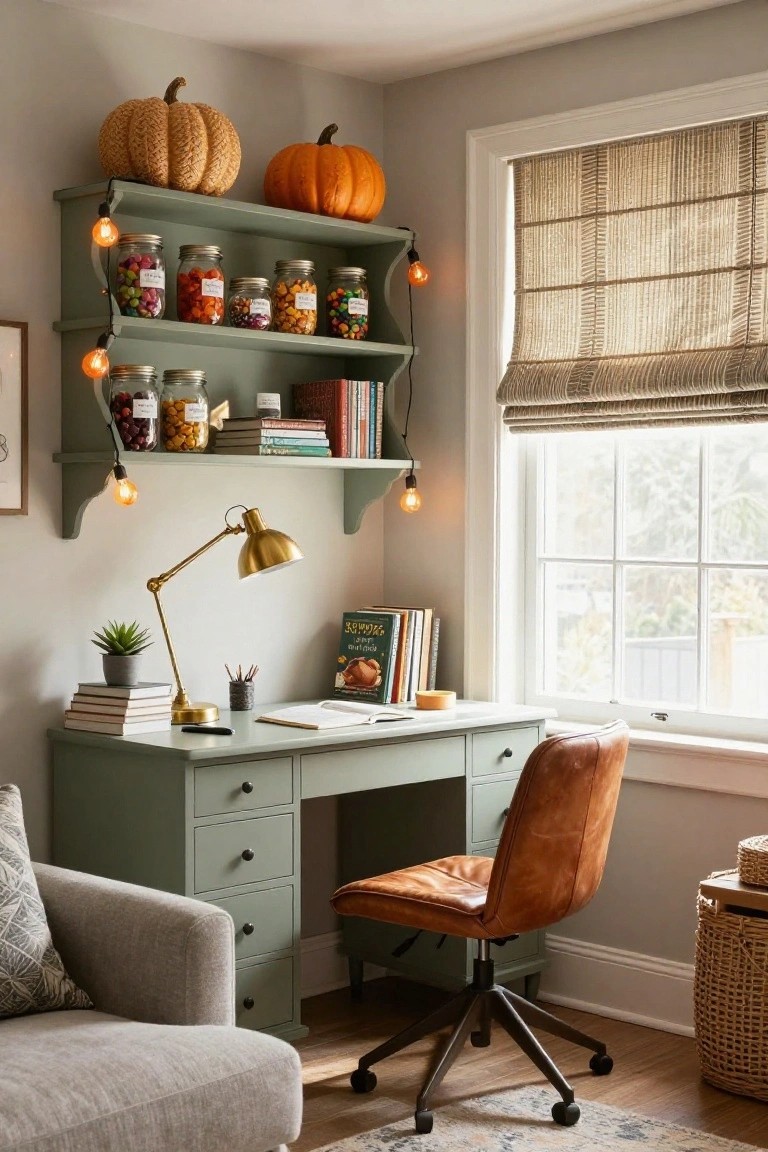Sage green open shelves above a green desk display jars of Halloween candies like M&Ms and gummy candies, faux pumpkins, books, and string lights in a cozy office corner with a leather chair and window.