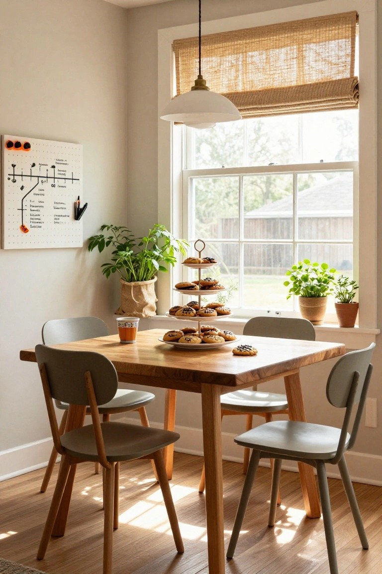 Light-filled room with wooden dining table, gray chairs, three-tiered stand holding orange-frosted donuts and cookies, potted plants on windowsill, and wall-mounted calendar board.