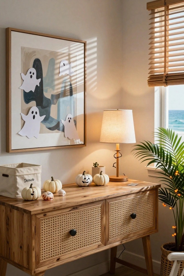 Corner of a beige room with a wooden rattan console table holding white pumpkins, shells, and a fabric basket labeled Spooktacular, a lamp nearby, ghost paper cutouts in abstract artwork on the wall, blinds on a window overlooking the ocean, and potted plants.