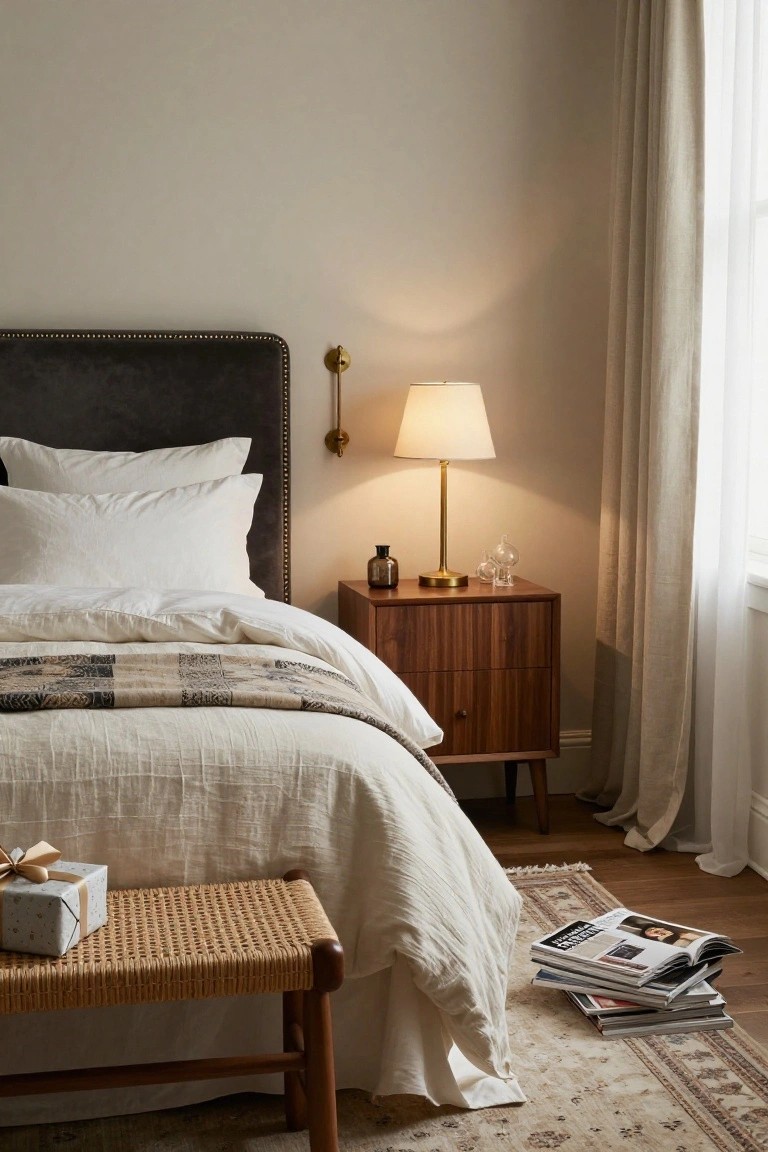 Bedroom corner featuring a gray velvet tufted headboard on a bed with white linen sheets and pillows, plaid throw, wooden nightstand with brass lamp, glass bottles and vases, rattan bench with wrapped gift box and stacked magazines on a patterned rug.