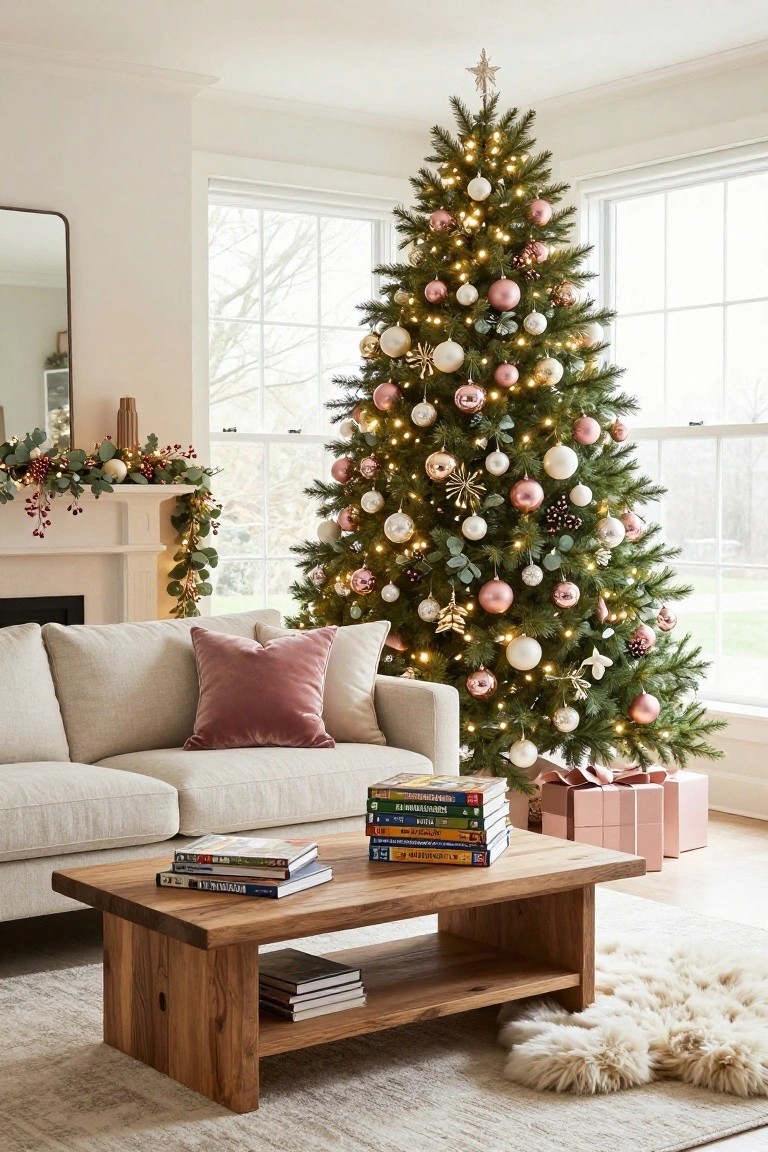 Living room with tall lit Christmas tree decorated in pink, gold, white ornaments and pinecones, beside a fireplace garland, cream sofa with pink pillow, wooden coffee table holding books and gifts, and large windows.