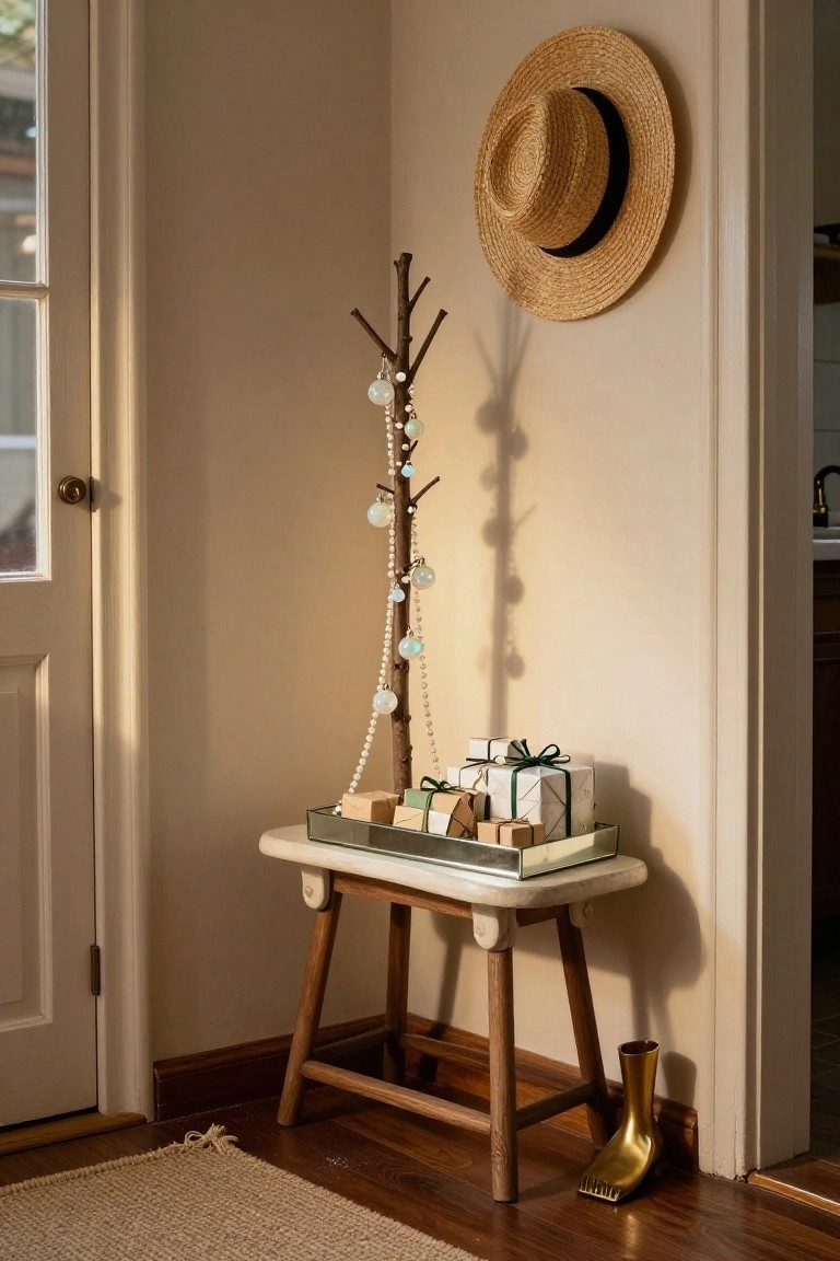 Indoor corner near a glass door featuring a tall wooden branch coat rack decorated with pearl garlands and iridescent glass ornaments, a wide-brim straw hat on the wall, small wrapped gifts on a white bench below, and a gold boot sculpture on the wood floor.