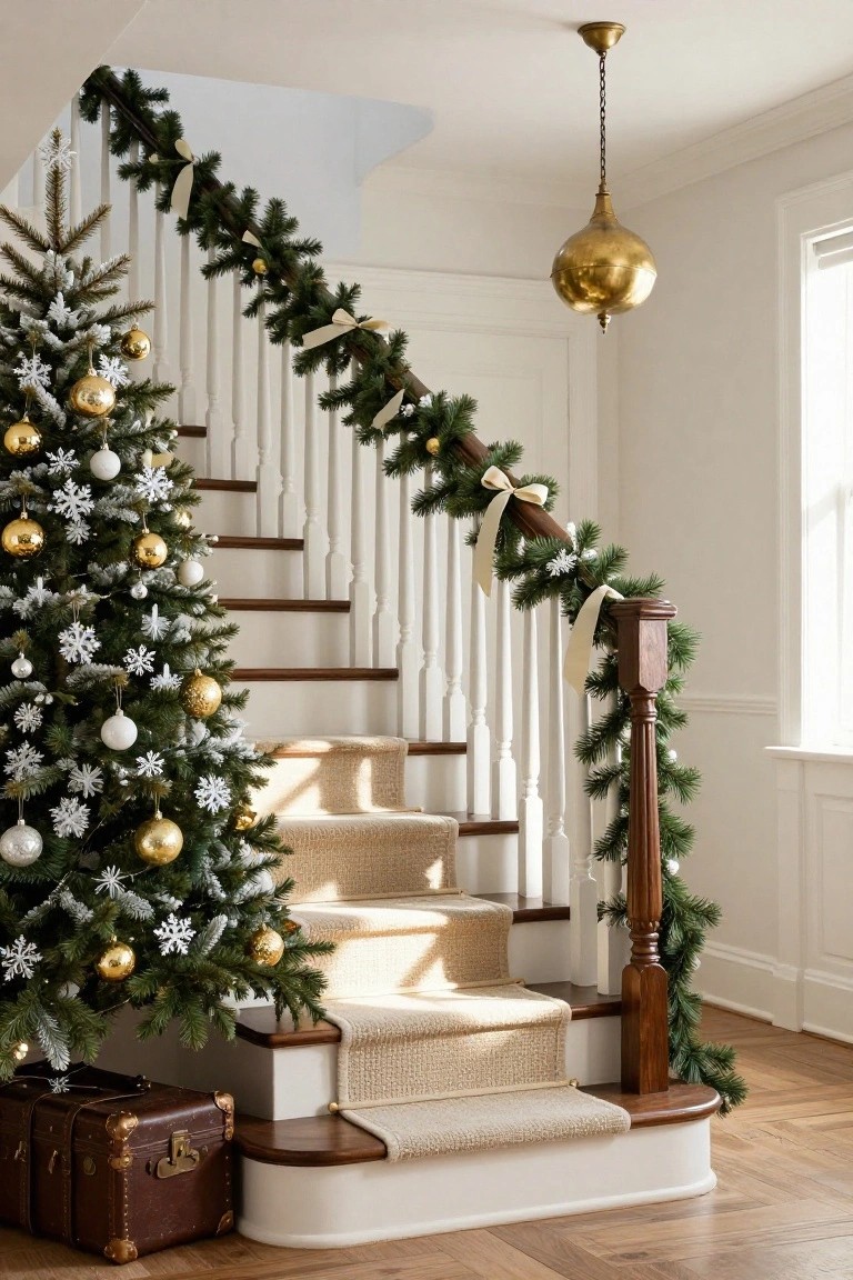 A Christmas tree decorated with gold and white ornaments and snowflake accents stands at the base of a carpeted wooden staircase lined with evergreen garland and cream bows, next to a vintage brown suitcase in a white interior with hardwood floors and a brass pendant light.