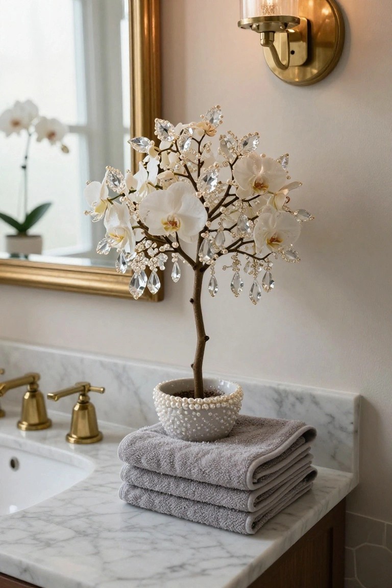 Close-up of a marble bathroom vanity with gold faucets, a sink, stacked gray towels, and a small artificial tree featuring white orchids embellished with crystals and beads in a pearled pot, next to a gold-framed mirror and wall sconce.