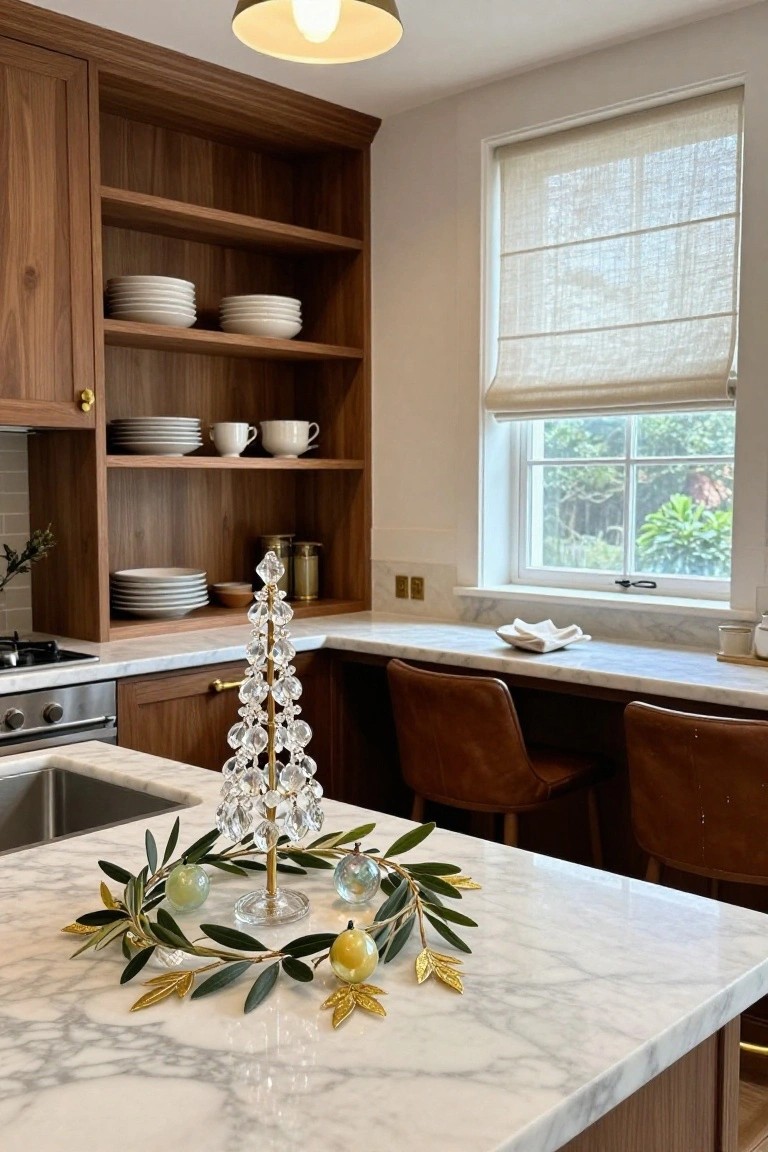 Kitchen island with a crystal icicle Christmas tree centerpiece surrounded by olive branches and gold ornaments on white marble countertop, brown leather stools, wood cabinets, and window with plants outside.