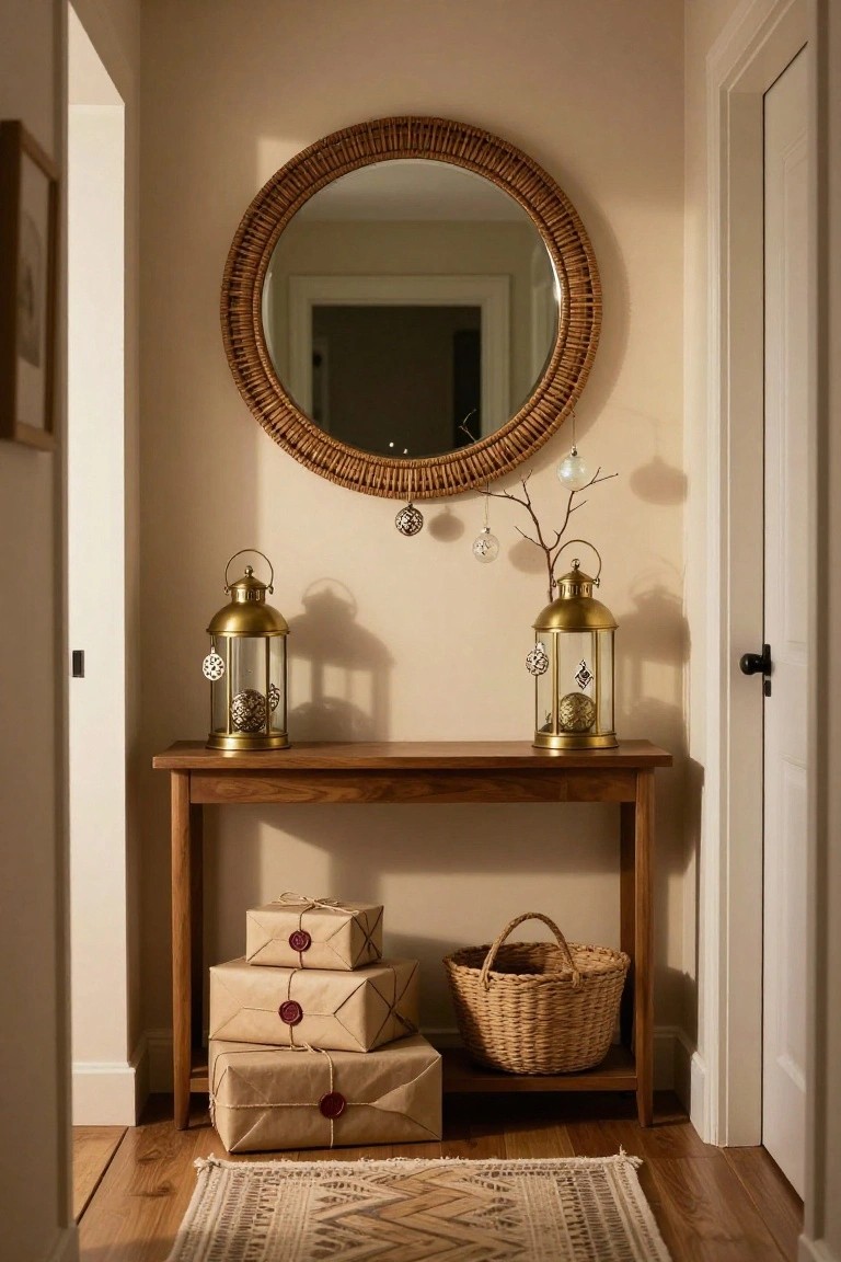 Beige hallway with wooden console table holding two brass lanterns filled with Christmas ornaments, stacked brown paper-wrapped gifts with red wax seals, and a wicker basket below, rattan mirror above with hanging ornaments and branch, flanked by doors on a wood floor with patterned rug.