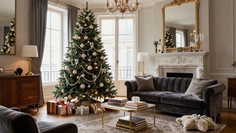 23 Glam Christmas Tree Ideas That Sparkle With Holiday Luxury Luxurious living room corner with a tall Christmas tree decorated in white glass balls, gold ornaments, bead garlands, marble fireplace with fire lit, velvet sofa, coffee table with books and gifts, and gilded mirror.