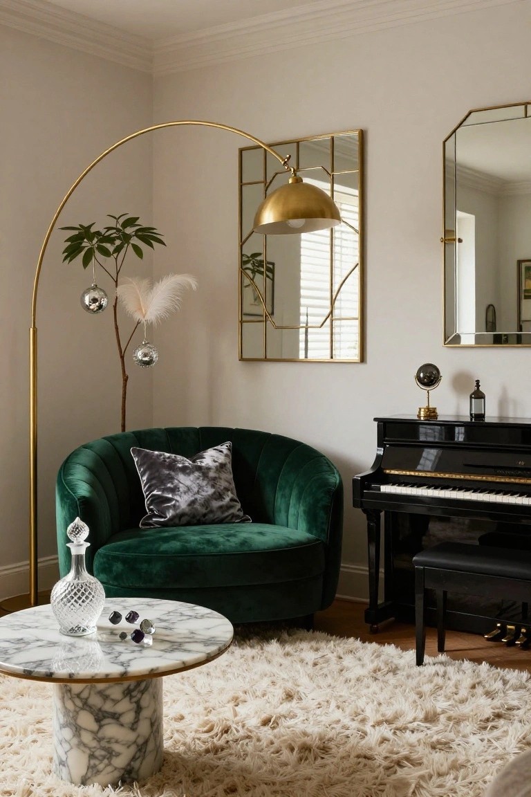 Cozy interior corner featuring a curved green velvet armchair, black upright piano, gold arc lamp with potted branch decorated in silver baubles and white feathers, marble pedestal table holding glass decanter and dark crystals, gold-framed mirrors, and cream shag rug.