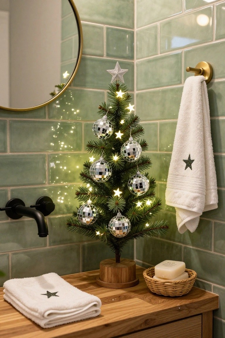 Small artificial Christmas tree with silver disco ball ornaments and white lights on a wooden base next to a bathroom sink in a green subway-tiled room, with white star-embroidered towels and a soap dish on the counter.