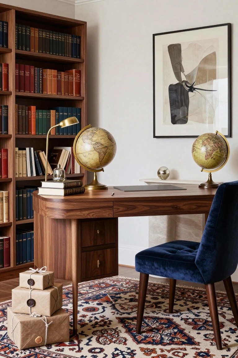 A wood-paneled home study features tall walnut bookshelves filled with books, a curved walnut desk with stacked books and a lamp, two brass globes, a blue velvet chair, abstract wall art, and three small stacked brown paper-wrapped gifts with twine and wax seals on a patterned rug.