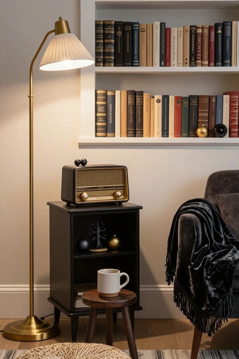Cozy interior reading corner with white bookshelves of assorted books, brass floor lamp with cream shade, black side table topped with vintage radio and small black Christmas tree sculpture holding metallic ornaments, black velvet armchair with fringed throw, wooden stool with white mug, and rattan floor mat on wood floor