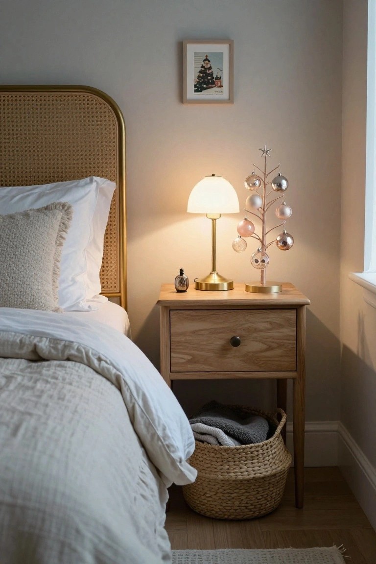Bedroom corner with rattan headboard bed draped in white linens, wooden nightstand holding a small metallic-branch Christmas tree with pink, silver, and clear glass ornaments, white lamp, perfume bottle, and woven basket with linens below.