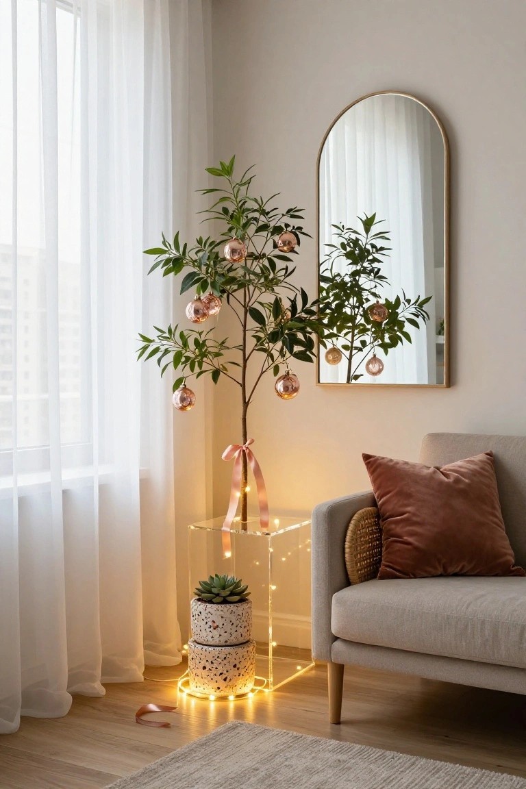 Corner of a light-filled living room with sheer white curtains on a window, small potted leafy tree decorated with metallic pink-gold baubles and ribbon, tall arched gold mirror, beige armchair with rust velvet pillows, potted succulent on clear stand with fairy lights, wood floor and rug.