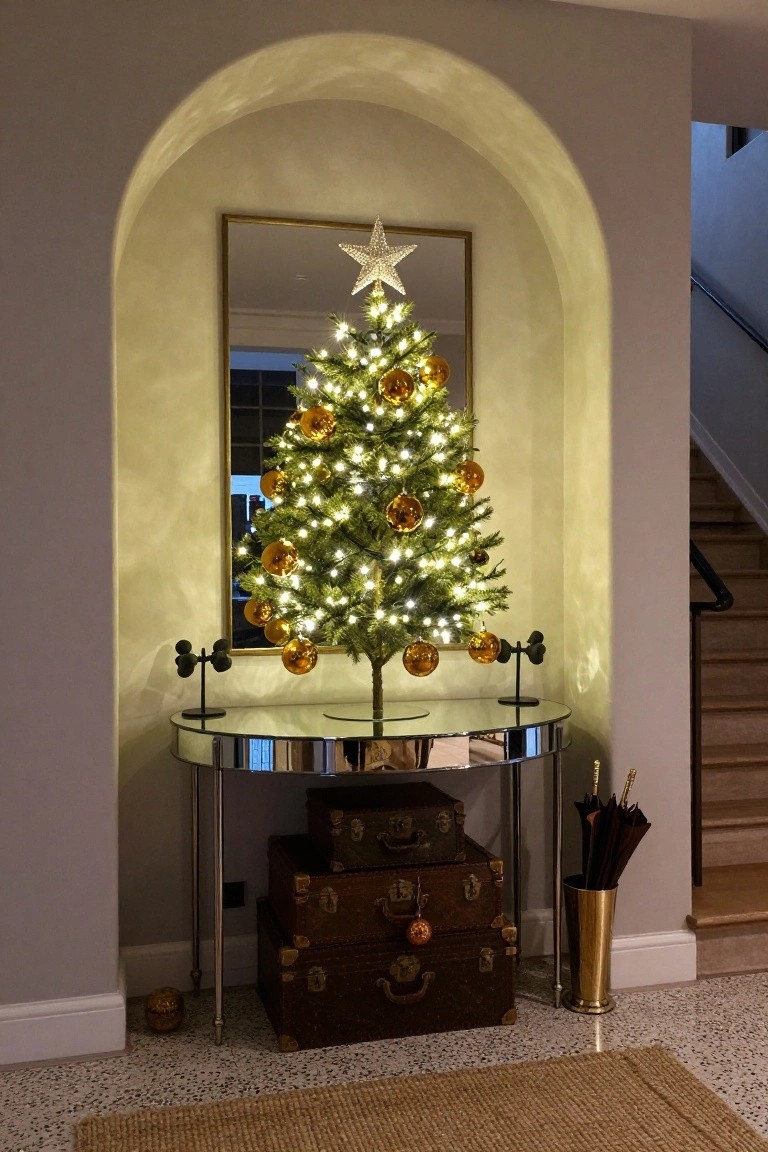 A small lit Christmas tree with gold ornaments in a curved wall alcove next to a round glass-topped console table holding stacked brown leather suitcases and a brass umbrella stand in a neutral-toned interior space.
