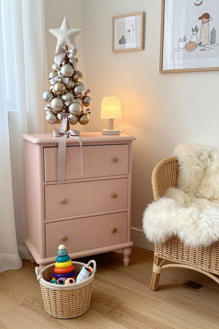A small artificial Christmas tree decorated with metallic gold and silver ornaments and ribbons sits on a pink wood dresser in a nursery corner, next to a rattan chair with white sheepskin throw and a basket holding colorful stacking rings.