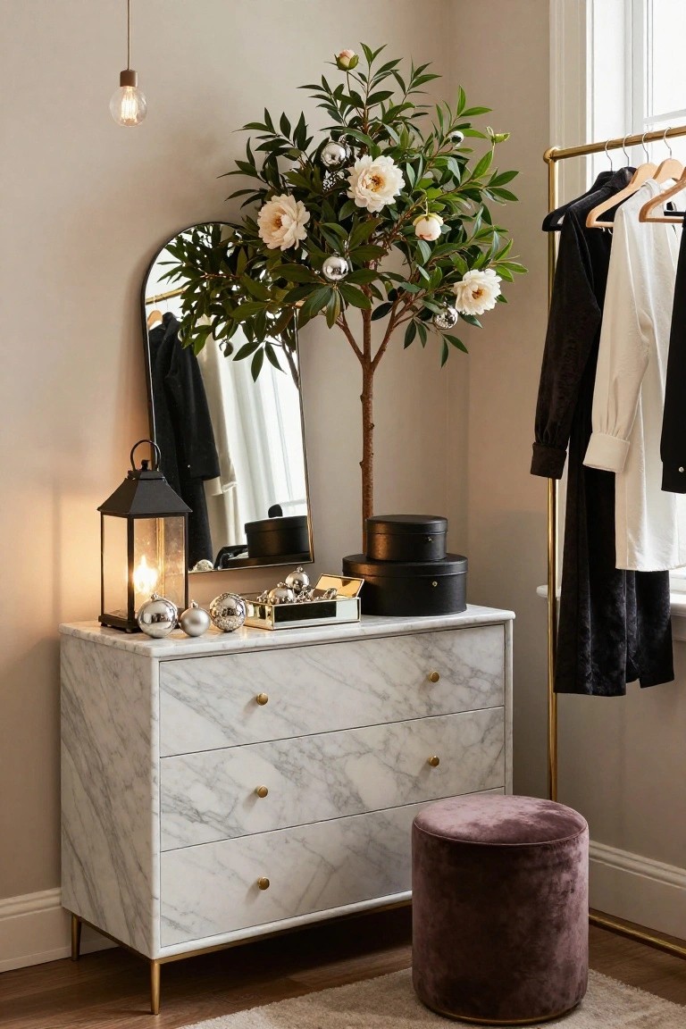 Corner of a light-colored bedroom with a potted tree decorated with white flowers and silver baubles next to a white marble dresser, arched mirror, black lantern, clothing rack with dresses, and purple velvet ottoman.