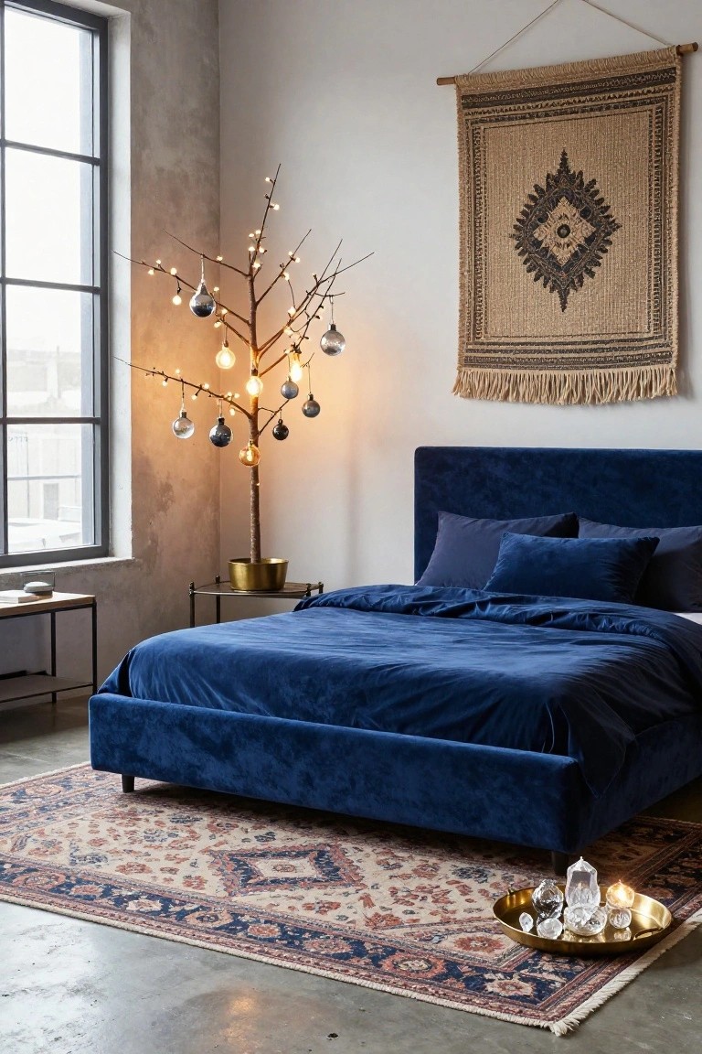 Modern bedroom interior with navy velvet bed, lit bare-branch tree strung with lights and glass ornaments in gold pot, woven wall hanging, side table, rug, and crystal accents on floor.