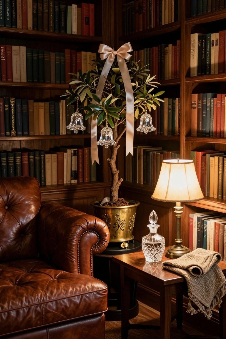 Corner of a wood-paneled library with tall bookshelves full of books, a brown leather armchair, a small potted tree decorated with crystal bells and a large pink satin ribbon bow in a gold pot, and a side table holding a glass decanter and a lit lamp with a fringed shade.