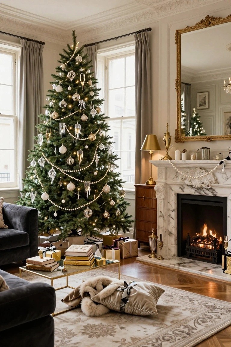 Luxurious living room corner with a tall Christmas tree decorated in white glass balls, gold ornaments, bead garlands, marble fireplace with fire lit, velvet sofa, coffee table with books and gifts, and gilded mirror.