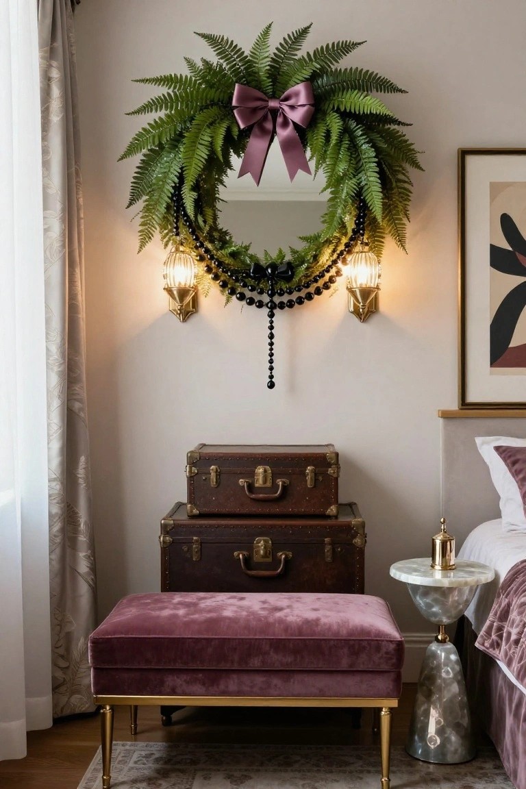 Round wall mirror framed by a lush green fern wreath with purple satin bow and black beaded garland dangling down, flanked by lit gold sconces, with stacked brown leather suitcases, purple velvet ottoman, and bed in a bedroom corner.