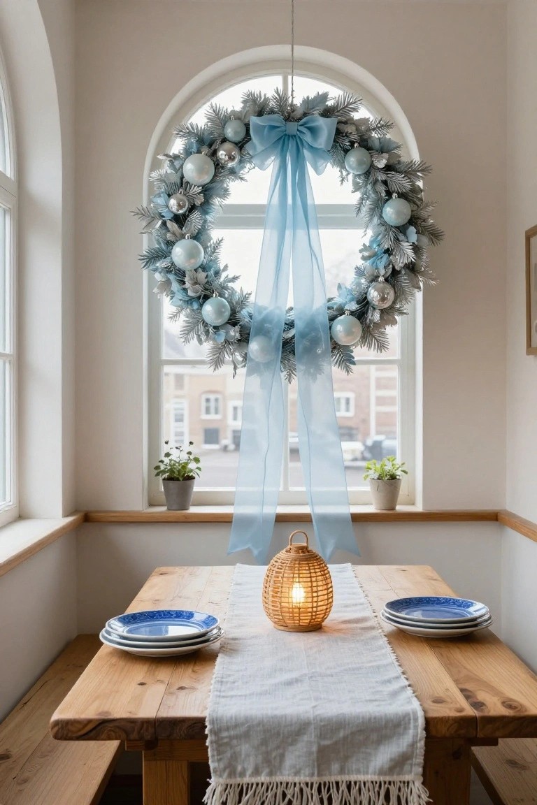 Arched interior window with a large blue and silver Christmas wreath featuring sheer blue ribbons and ornaments, above a wooden table set with stacked blue plates and a lit rattan lantern in a light-colored room.