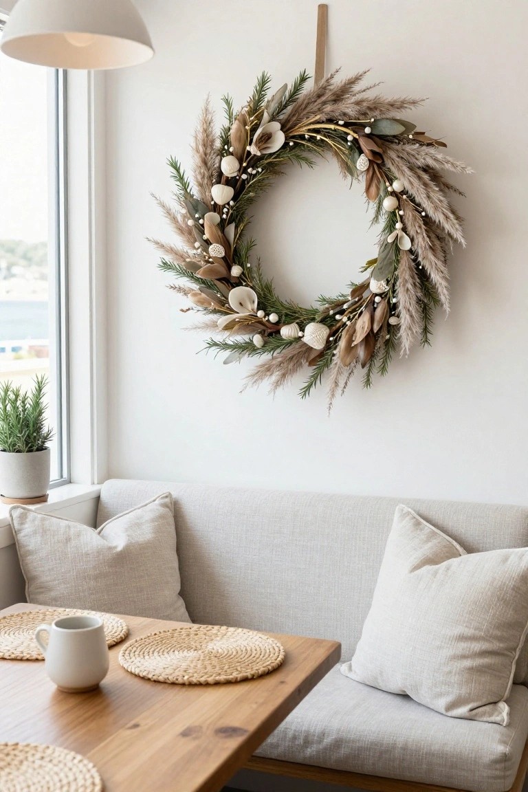 A textured wreath with pampas grass, pine, shells, berries, and gold accents hangs on a white wall next to a window overlooking water, above a beige sofa and wooden table with placemats and a white mug in a bright room.