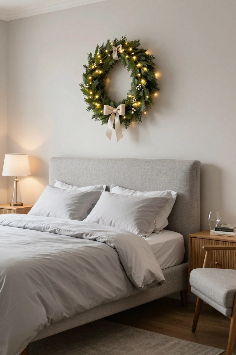 Gray upholstered bed with white pillows and duvet in a light gray bedroom, lit evergreen Christmas wreath with white bow hanging on wall above headboard, brass lamp on wooden nightstand, and gray armchair nearby.