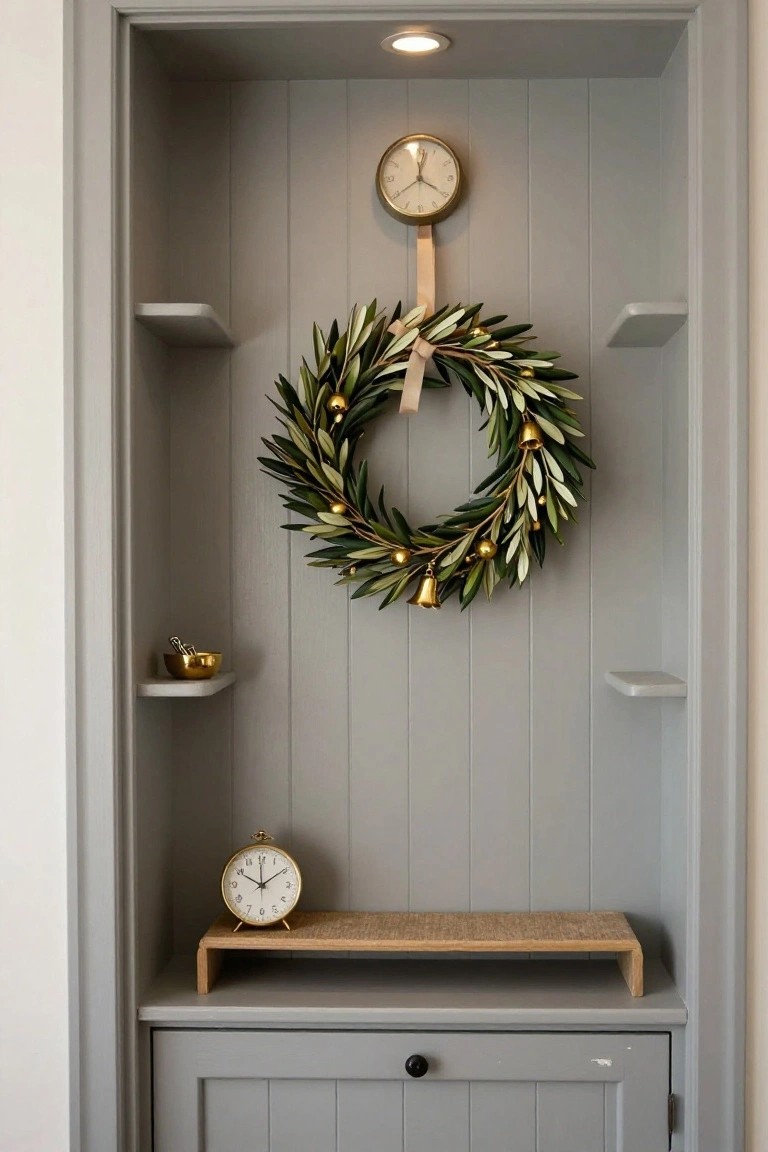 Gray built-in wall niche with olive leaf wreath accented by gold bells and berries centered on the wall, gold bowl on one shelf, small gold clock on wooden tray at bottom shelf.