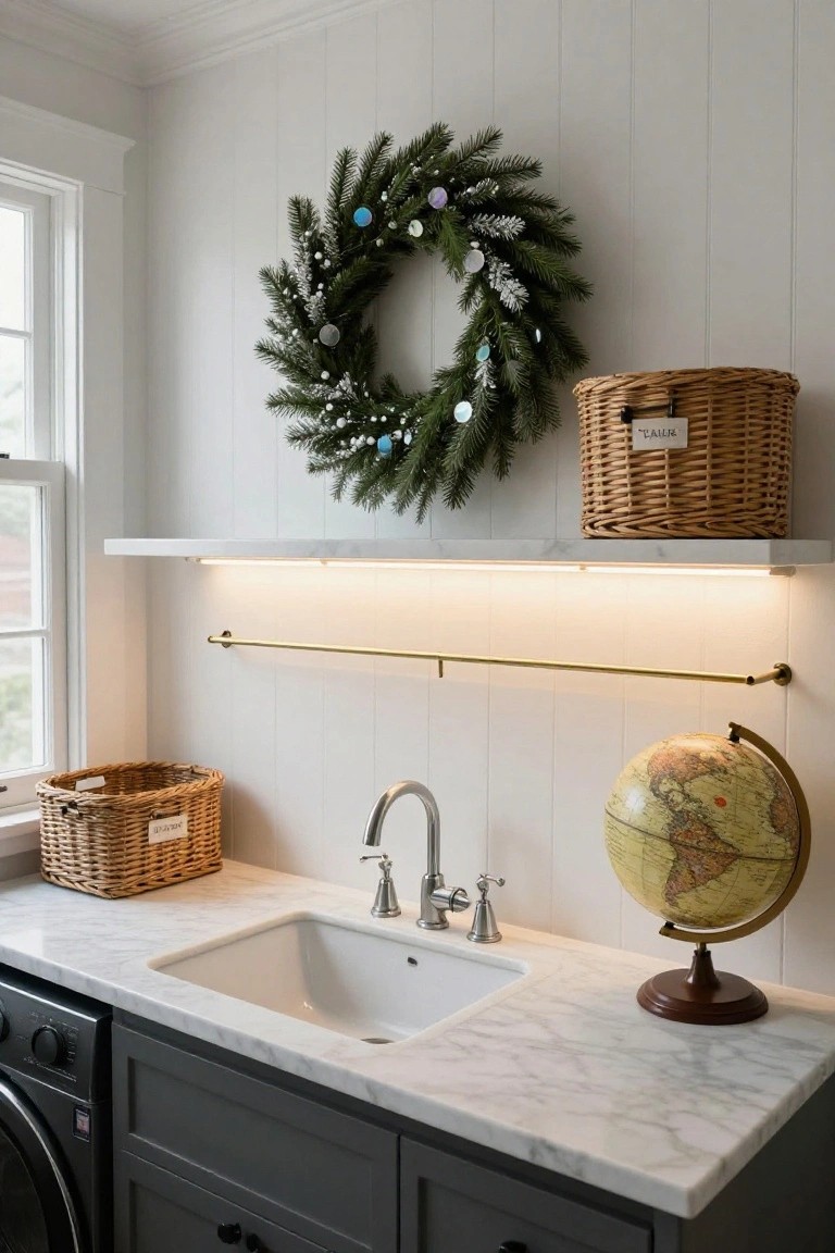 Laundry room featuring white shiplap walls, marble countertop with sink, dark cabinets, washer, floating white shelf with woven baskets and globe, gold towel bar, and evergreen Christmas wreath with blue and silver ornaments on the wall.