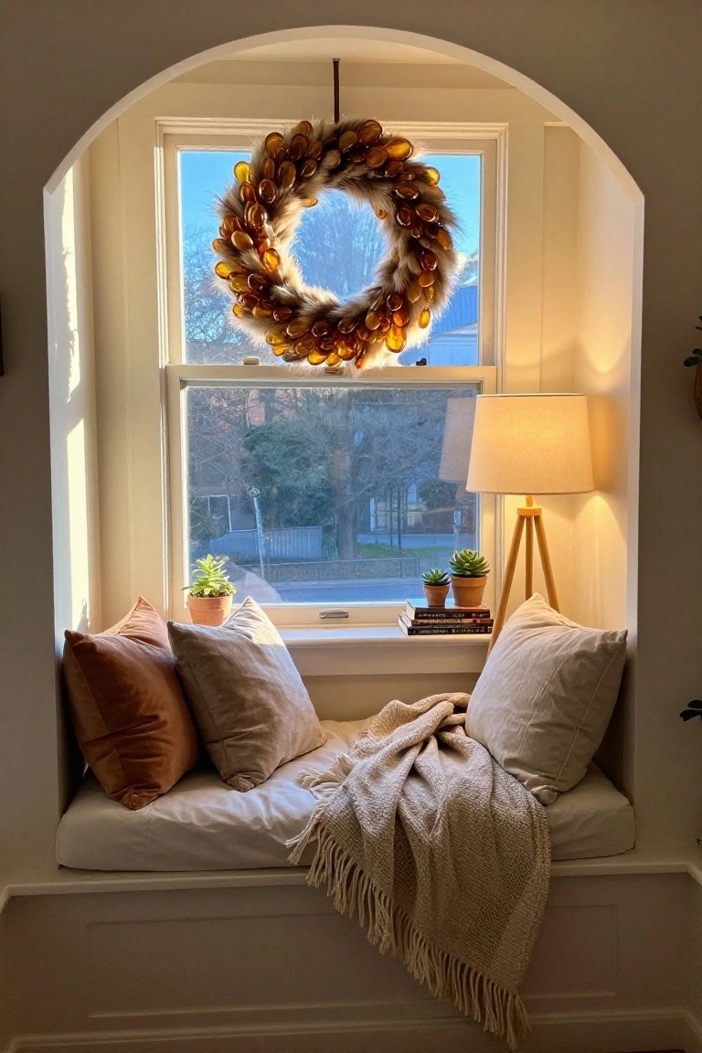 Arched interior window nook with brown feathered wreath hanging above cushioned bench piled with pillows and throw blanket, small potted plants, tripod lamp, and stacked books on wide sill.
