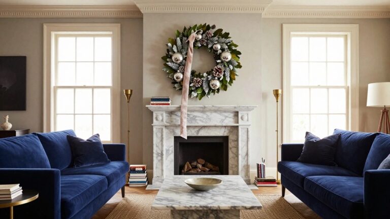 Living room with large Christmas wreath of silver balls, evergreens, and magnolia leaves hanging above white marble fireplace mantel, blue velvet sofas on sides, brass lamps, and plants near windows.