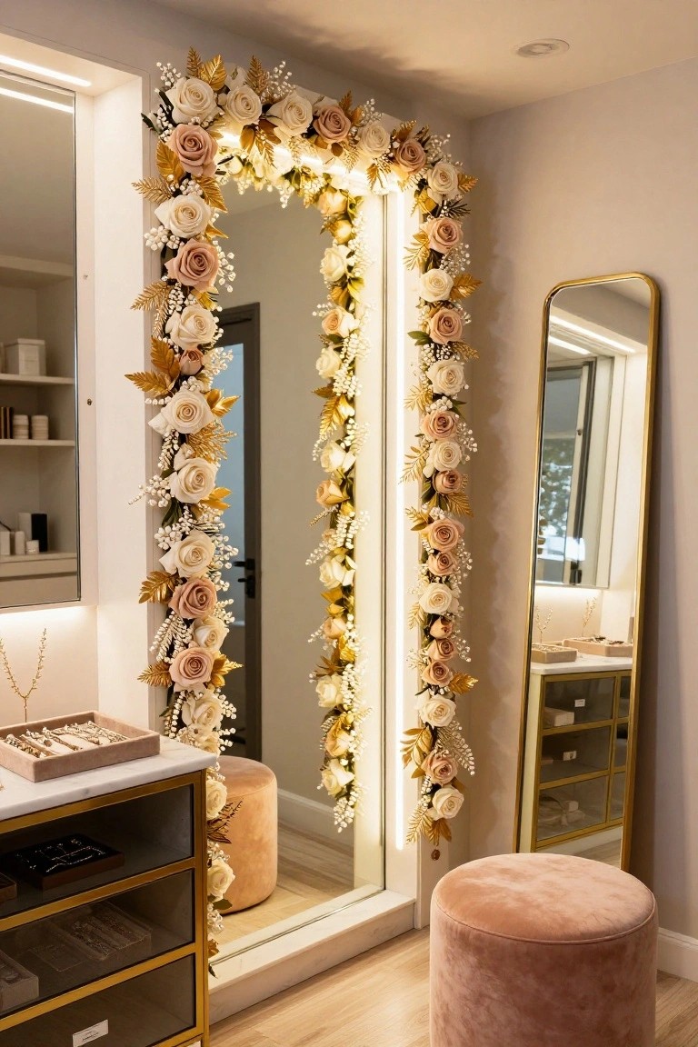 Large floor-length mirror in a modern interior vanity area framed by a garland of white, peach, and pink fabric roses with gold leaves and berries, next to gold jewelry storage and a peach pouf stool.