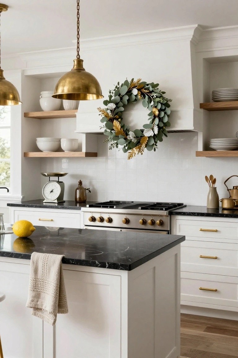 Modern white kitchen with brass pendant lights, black marble island, gold-knobbed gas range, floating oak shelves holding white dishes, and a large eucalyptus wreath with gold elements and white berries hanging on the white range hood.