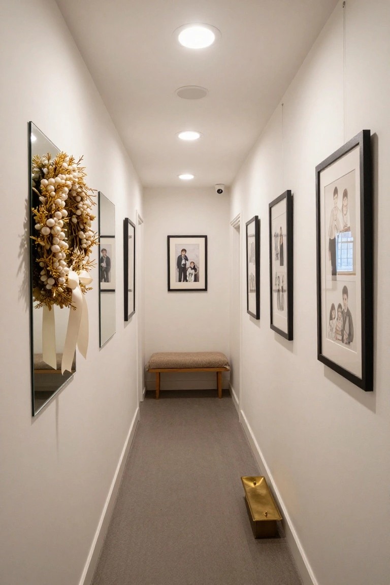 Narrow white hallway with full-length mirror decorated by a gold wreath with white berries and bow, black-framed family photos on walls, wooden bench, gold box on floor, and ceiling lights.