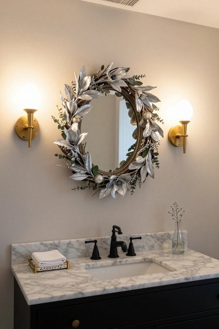 Round mirror with silver leaf, eucalyptus, and pearl Christmas wreath hung above marble bathroom vanity, black faucets, white towels in gold tray, gold sconces on beige wall.