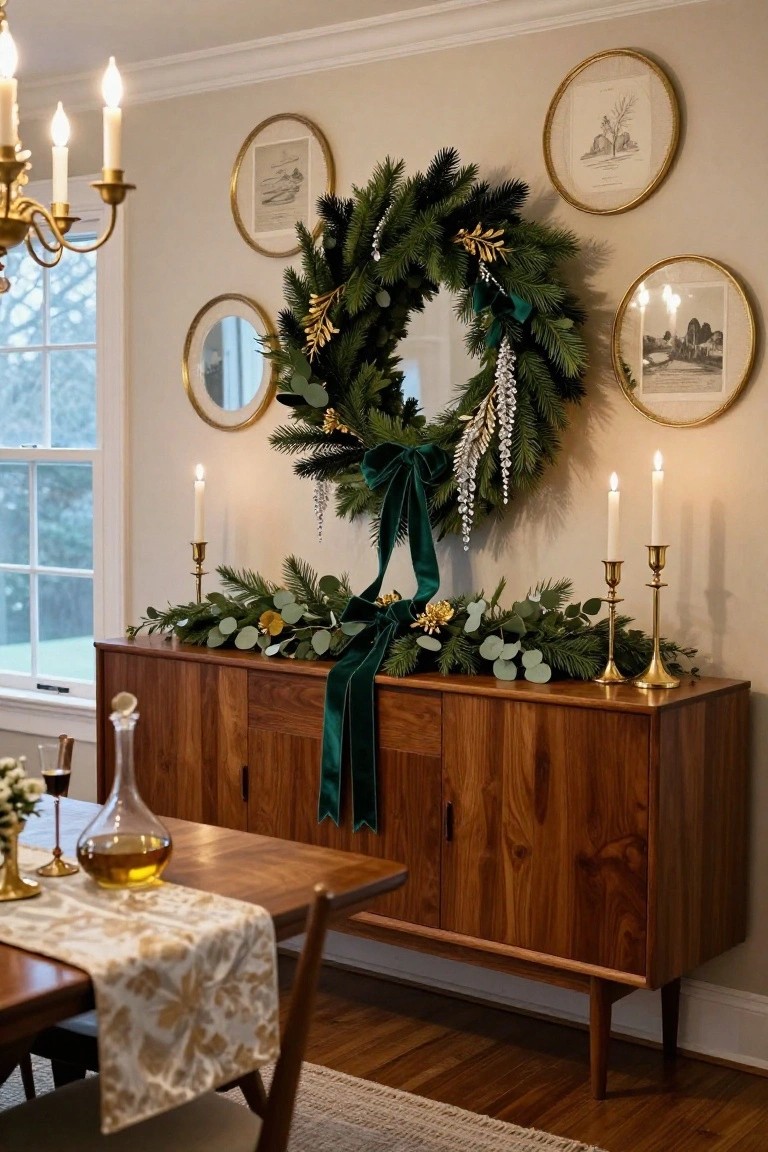 Wooden credenza topped with evergreen garland, gold candlesticks, and glass decanters, with a large Christmas wreath featuring green velvet ribbon and gold accents hanging on the wall above it, beside gold-framed artwork and mirrors in a beige-walled room.