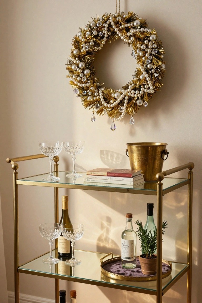 Gold tinsel and pearl Christmas wreath hanging on beige wall above brass bar cart with crystal champagne glasses, champagne and wine bottles, gin bottle, ice bucket, books, and potted plant.