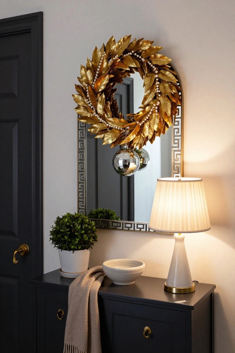 Gold leaf wreath with pearl garlands and silver disco ball ornaments hangs on a Greek key framed mirror above a black console table with potted topiary, white bowl, beige scarf, and white drum-shade lamp next to a dark door.